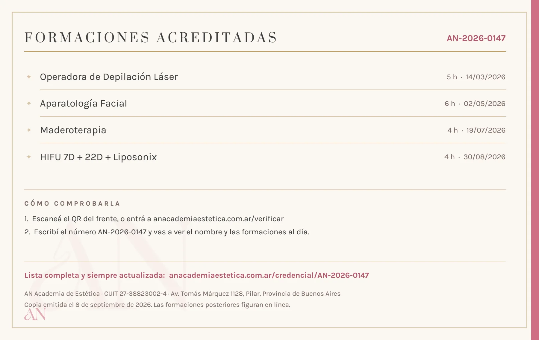 Dorso de la credencial profesional: lista de formaciones acreditadas con sus horas y fechas, e instrucciones para comprobarla.