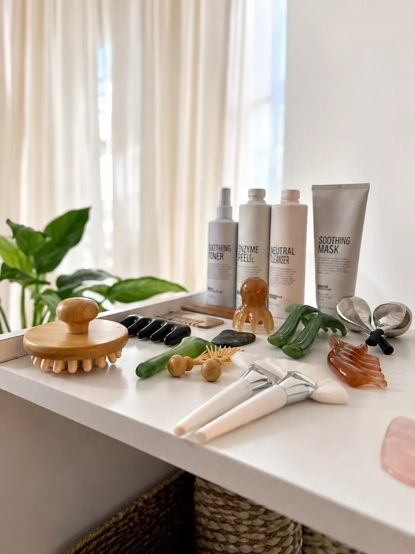 Mesada del gabinete con la cosmética profesional y las herramientas de masaje facial.