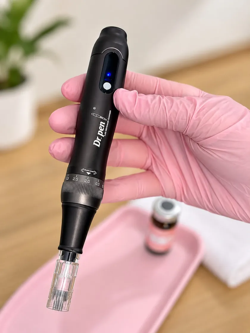 Dermapen sostenido con guante, con la bandeja y el vial de activos preparados.