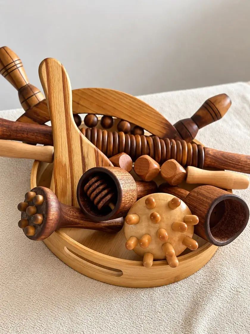 Set de herramientas de maderoterapia corporal —rodillos, copas y tabla— sobre una bandeja de madera.