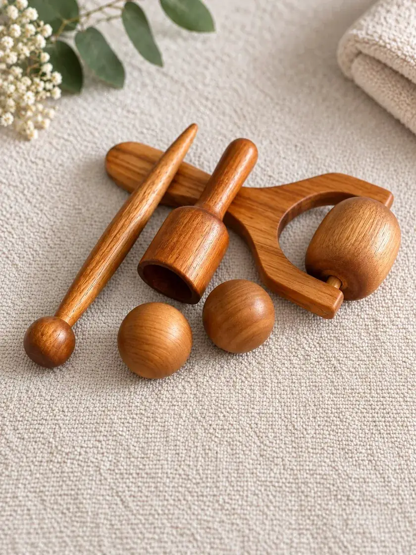 Herramientas de maderoterapia facial: rodillo con esfera, cubo, esferas sueltas y espátula.
