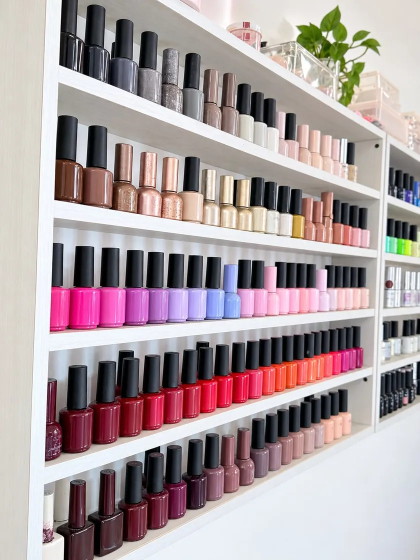 Pared de esmaltes del sector de uñas del centro, ordenados por color en estantes blancos.