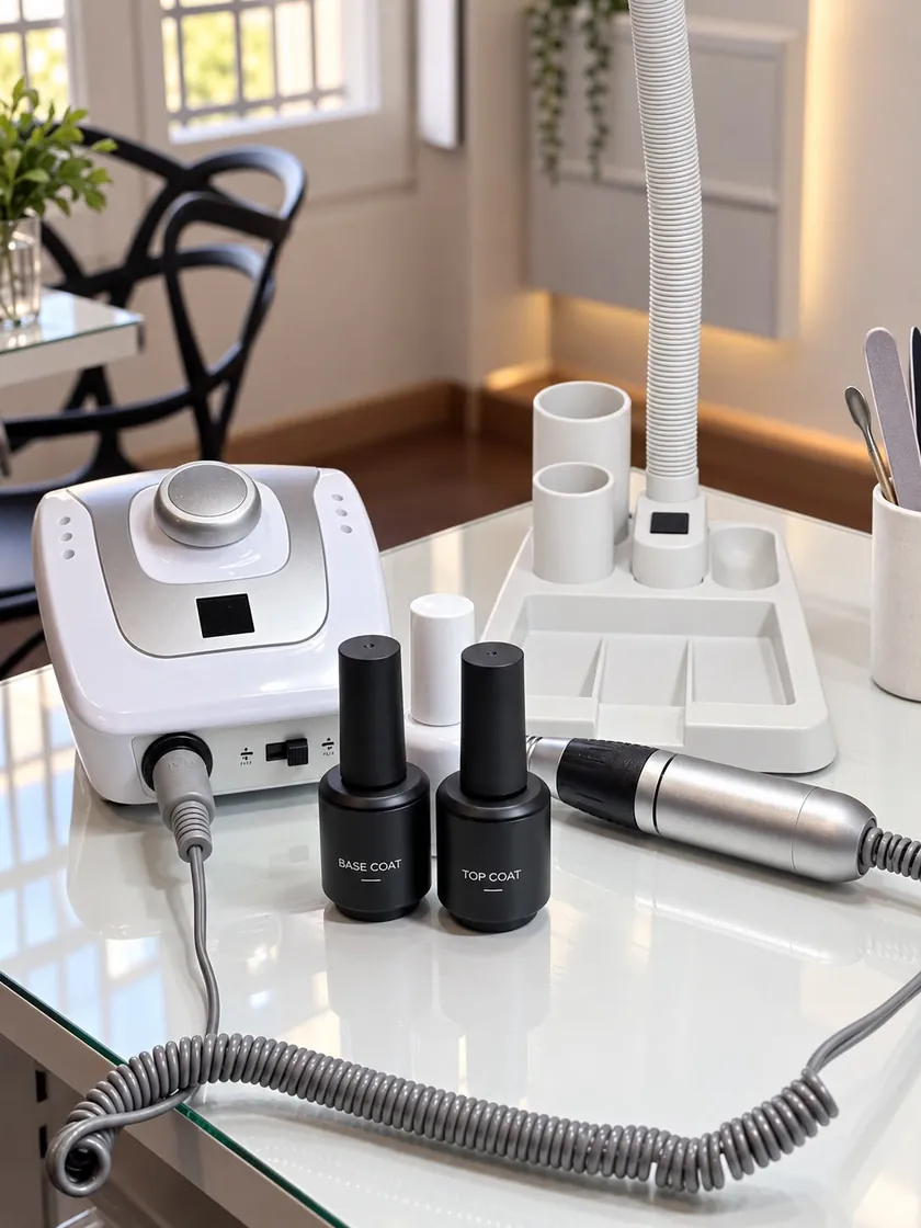 Estación de manicura del centro con el torno, la lámpara con aspiración, la base y el top coat.