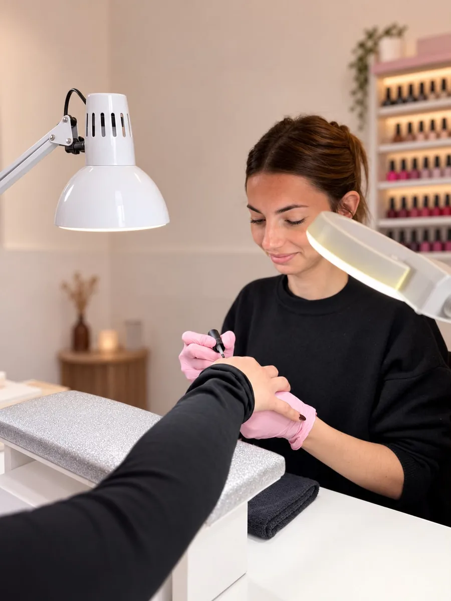 Julieta Souva esmaltando las uñas de una clienta en el sector de uñas del centro.