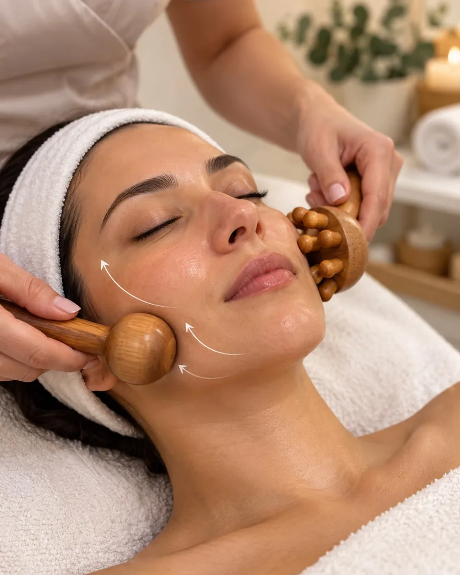Aplicación de maderoterapia facial con rodillo y cubo, con flechas que indican la dirección del movimiento.